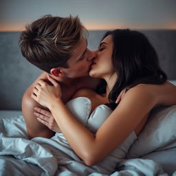 A young dark blonde-haired man and a brunette woman sharing an intimate moment by kissing on the bed