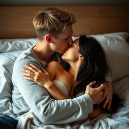 A young dark blonde-haired man and a brunette woman sharing an intimate moment by kissing on the bed