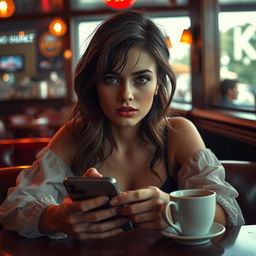 A captivating full-body portrait of a woman with beautiful, expressive eyes and a perfect face, sitting in a bar