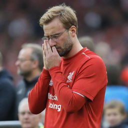 A disheartened Liverpool fan, clad in red jersey, eyes welling up with tears due to Klopp's departure announcement.