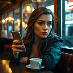 A captivating full-body portrait of a woman with beautiful, expressive eyes and a perfect face, sitting in a bar