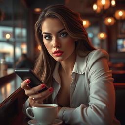 A captivating full-body portrait of a woman with beautiful, expressive eyes and a perfect face, sitting in a bar