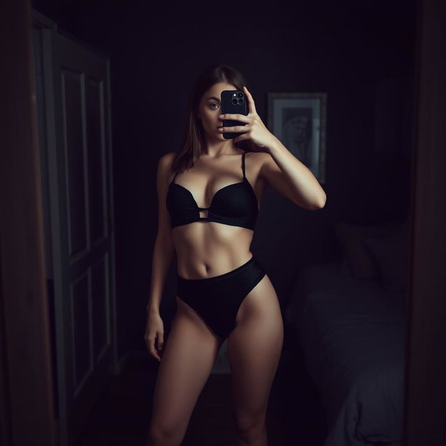 A Finnish 18-year-old girl poses in black underwear in her bedroom, captured through a mirror