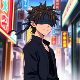 Satoru Gojo from anime, wearing his signature blindfold, exuding a confident and relaxed demeanor