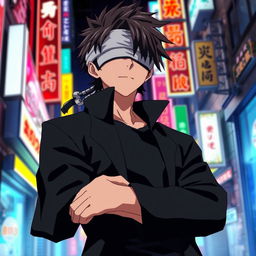 Satoru Gojo from anime, wearing his signature blindfold, exuding a confident and relaxed demeanor