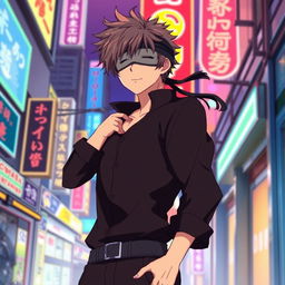 Satoru Gojo from anime, wearing his signature blindfold, exuding a confident and relaxed demeanor