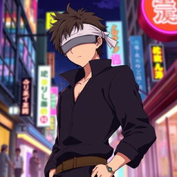 Satoru Gojo from anime, wearing his signature blindfold, exuding a confident and relaxed demeanor