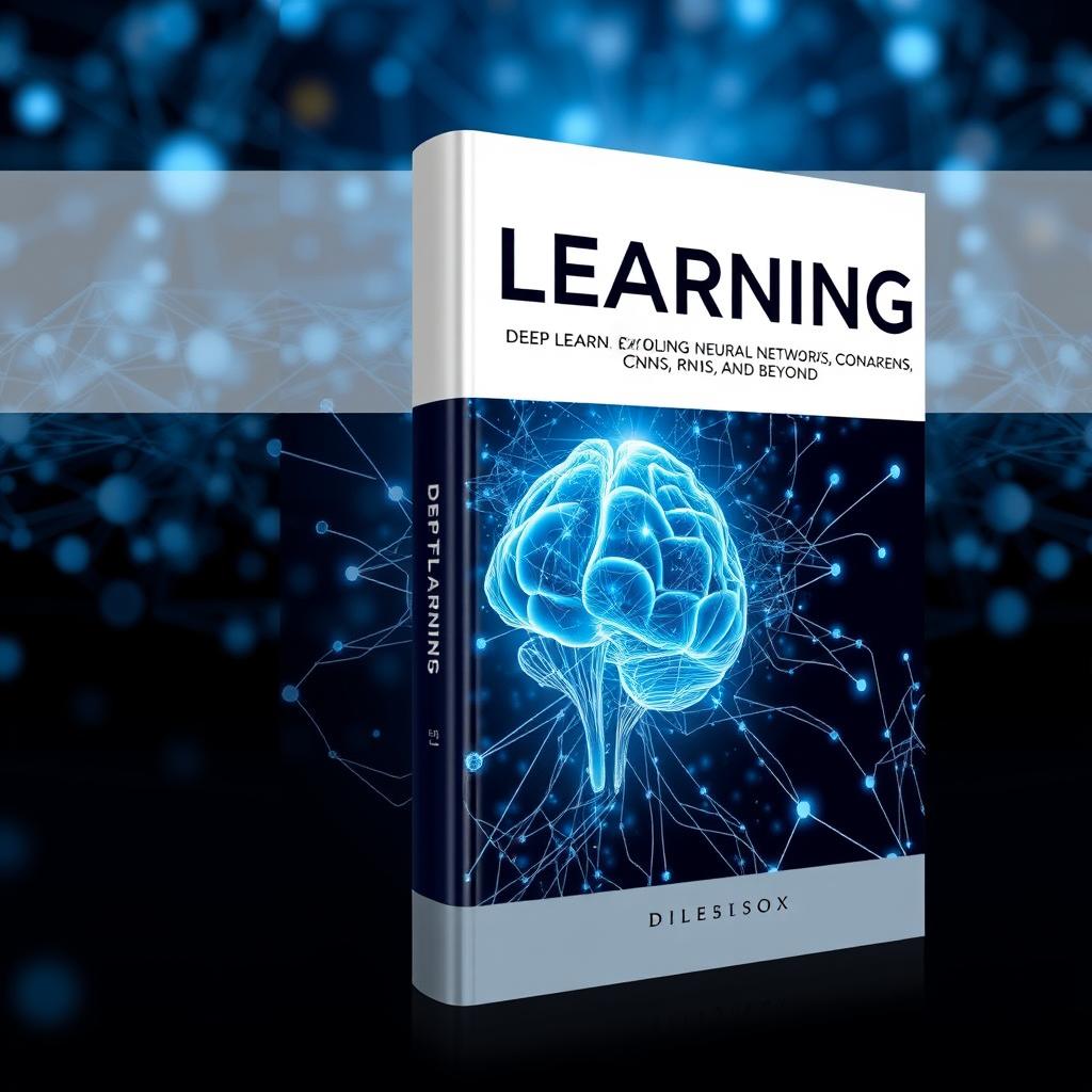 A captivating and modern book cover design for a textbook titled "Deep Learning: Exploring Neural Networks, CNNs, RNNs, and Beyond"