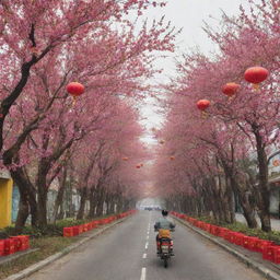 A festive scene illustrating Vietnam's Tet holiday, complete with blooming peach trees, red envelopes, traditional food, and fireworks.