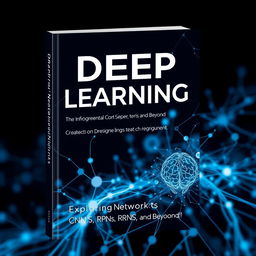 A captivating and modern book cover design for a textbook titled "Deep Learning: Exploring Neural Networks, CNNs, RNNs, and Beyond"