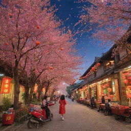 A festive scene illustrating Vietnam's Tet holiday, complete with blooming peach trees, red envelopes, traditional food, and fireworks.