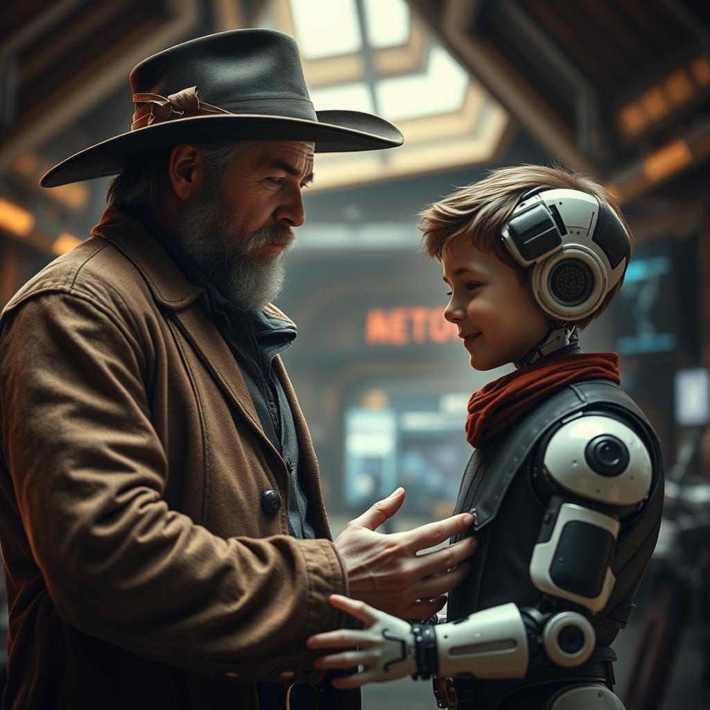 A dramatic scene in an AI movie where Arthur Morgan, styled as a wise and rugged father figure from the Wild West, lovingly interacts with David, a young android boy with human-like emotions