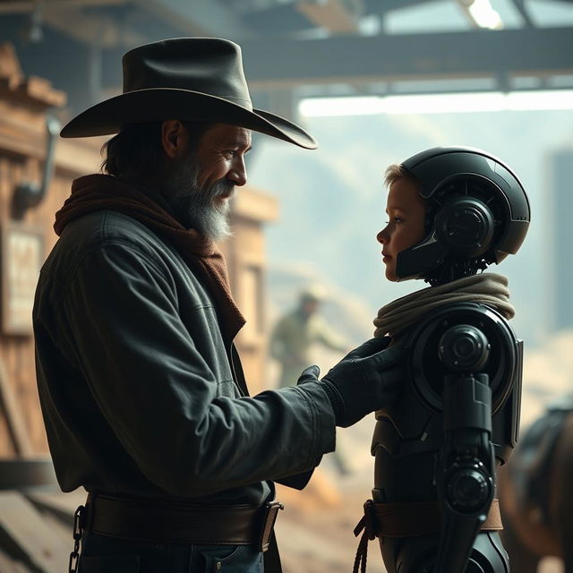 A dramatic scene in an AI movie where Arthur Morgan, styled as a wise and rugged father figure from the Wild West, lovingly interacts with David, a young android boy with human-like emotions