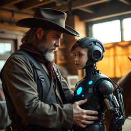 A dramatic scene in an AI movie where Arthur Morgan, styled as a wise and rugged father figure from the Wild West, lovingly interacts with David, a young android boy with human-like emotions