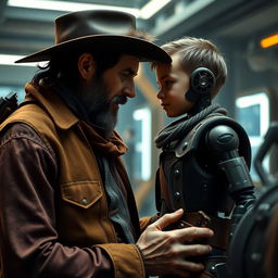 A dramatic scene in an AI movie where Arthur Morgan, styled as a wise and rugged father figure from the Wild West, lovingly interacts with David, a young android boy with human-like emotions