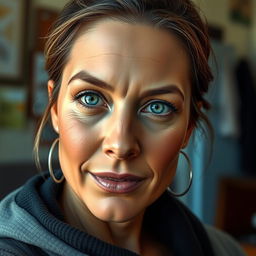 a realistic portrait of a woman with natural beauty, lifelike skin texture, detailed facial features, and expressive eyes, depicted in contemporary clothing, in a casual and relatable setting, embodying authenticity and depth of character