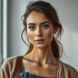 a realistic portrait of a woman with natural beauty, lifelike skin texture, detailed facial features, and expressive eyes, depicted in contemporary clothing, in a casual and relatable setting, embodying authenticity and depth of character