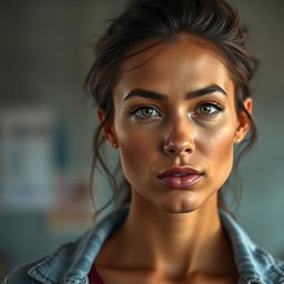 a realistic portrait of a woman with natural beauty, lifelike skin texture, detailed facial features, and expressive eyes, depicted in contemporary clothing, in a casual and relatable setting, embodying authenticity and depth of character