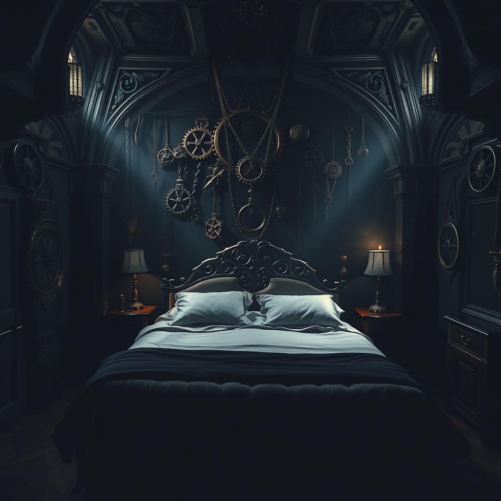 A dimly lit room with intricate gothic architecture, featuring elaborate bondage gear hanging from the walls