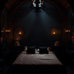 A dimly lit room with intricate gothic architecture, featuring elaborate bondage gear hanging from the walls