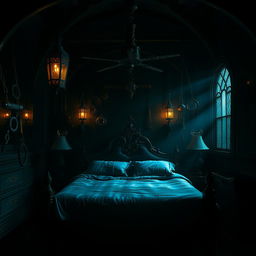 A dimly lit room with intricate gothic architecture, featuring elaborate bondage gear hanging from the walls