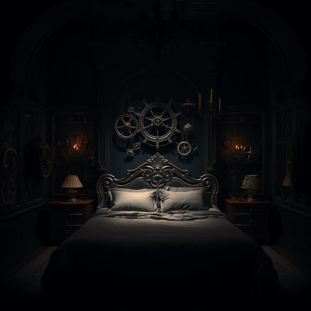 A dimly lit room with intricate gothic architecture, featuring elaborate bondage gear hanging from the walls