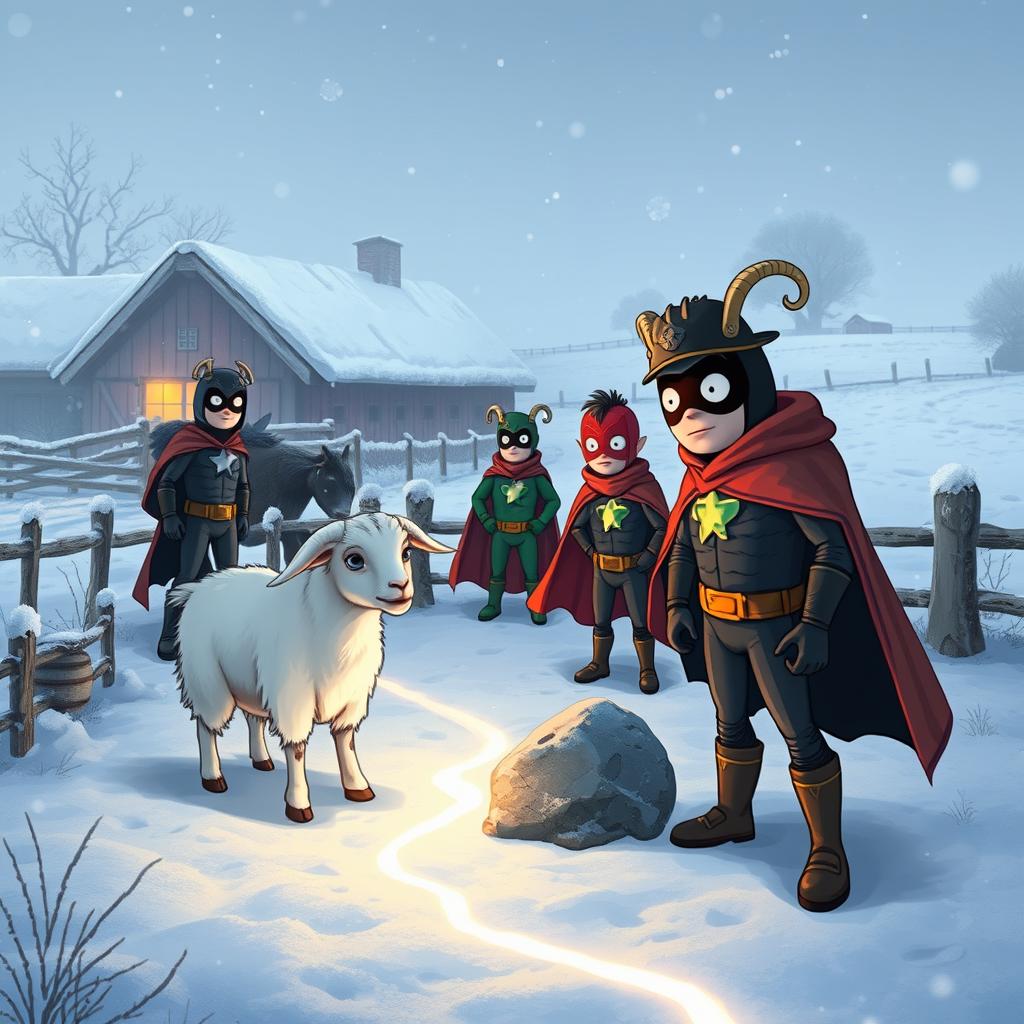 A whimsical snowy farm scene where a goat searches for her missing boat