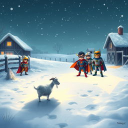 A whimsical snowy farm scene where a goat searches for her missing boat