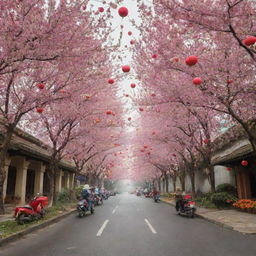 A festive scene illustrating Vietnam's Tet holiday, complete with blooming peach trees, red envelopes, traditional food, and fireworks.