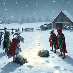 A whimsical snowy farm scene where a goat searches for her missing boat