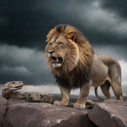 An intense scene of a fierce lion in battle with a large, threatening snake on a rocky terrain under a stormy sky