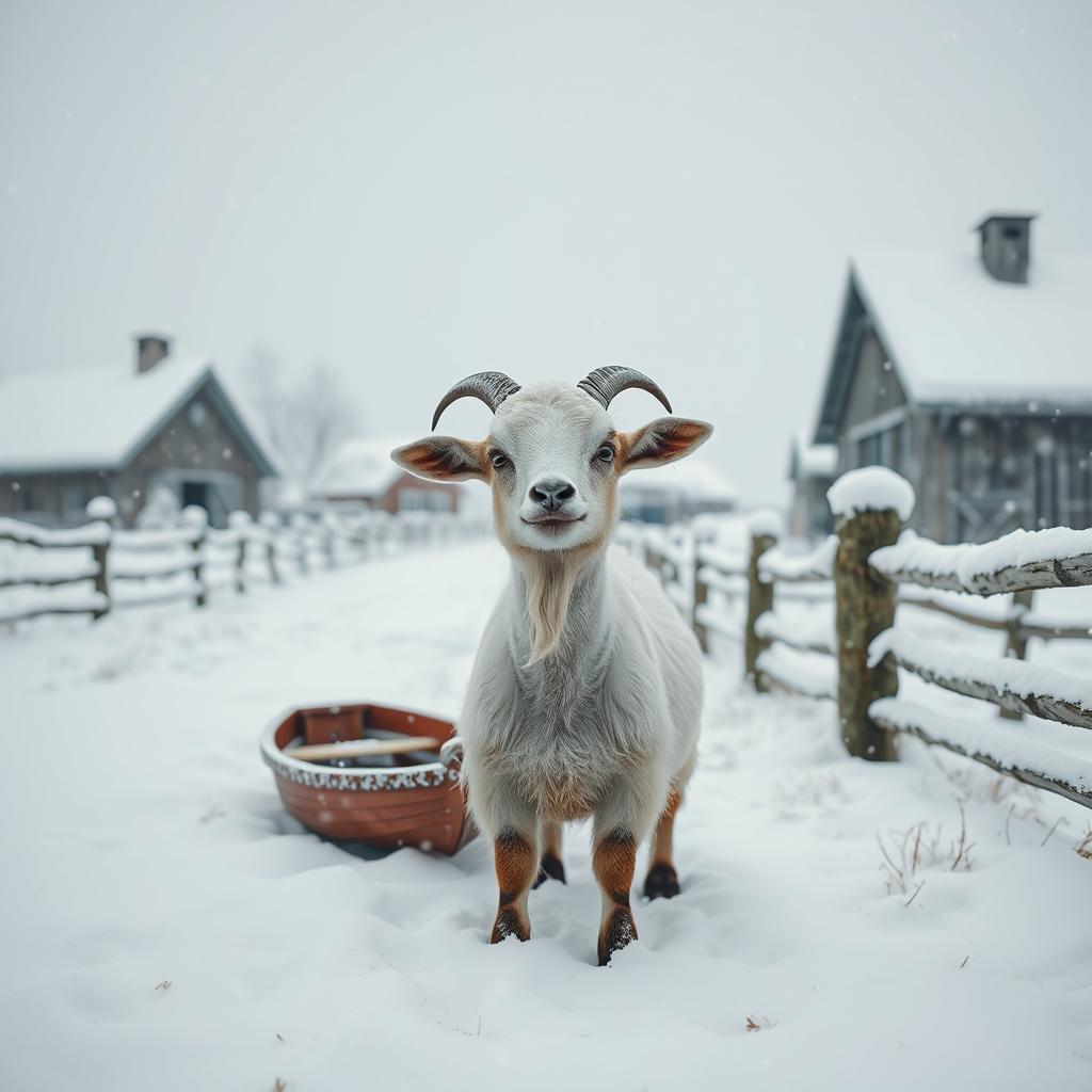 A whimsical snowy farm setting, where a goat looks bewildered after losing her boat