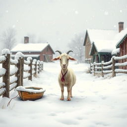 A whimsical snowy farm setting, where a goat looks bewildered after losing her boat