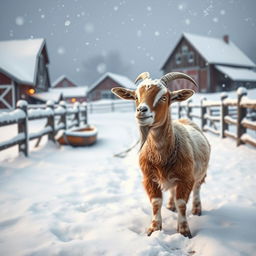 A whimsical snowy farm setting, where a goat looks bewildered after losing her boat