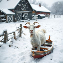 A whimsical snowy farm setting, where a goat looks bewildered after losing her boat