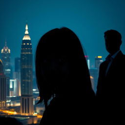 The Jakarta city skyline silhouetted at night with glittering skyscrapers and city lights as the background