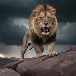 An intense scene of a fierce lion in battle with a large, threatening snake on a rocky terrain under a stormy sky