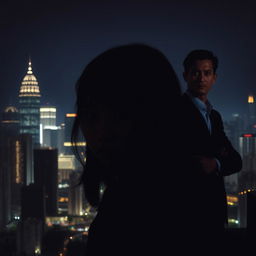 The Jakarta city skyline silhouetted at night with glittering skyscrapers and city lights as the background