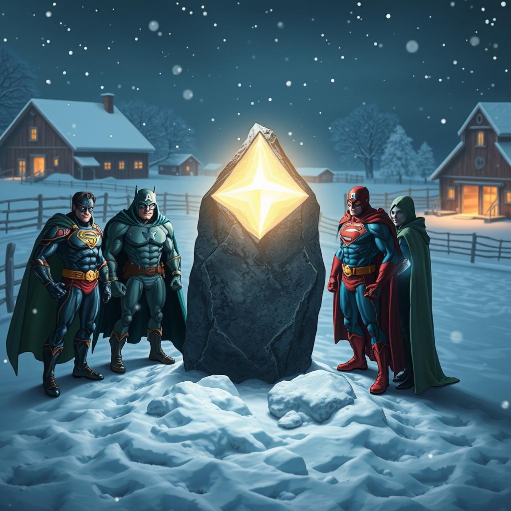 A group of brave superheroes stands around a mystic, glowing stone that points the way through a snowy landscape