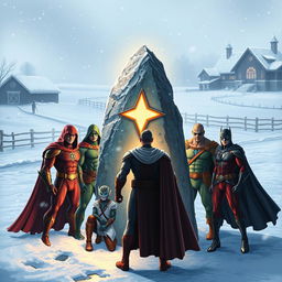 A group of brave superheroes stands around a mystic, glowing stone that points the way through a snowy landscape