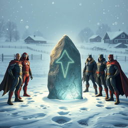 A group of brave superheroes stands around a mystic, glowing stone that points the way through a snowy landscape