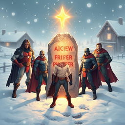 A group of brave superheroes stands around a mystic, glowing stone that points the way through a snowy landscape