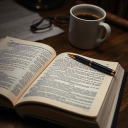 A detailed and educational image of a constitutional law textbook open on a wooden desk, with pages filled with legal text and annotations