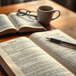 A detailed and educational image of a constitutional law textbook open on a wooden desk, with pages filled with legal text and annotations