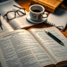 A detailed and educational image of a constitutional law textbook open on a wooden desk, with pages filled with legal text and annotations