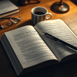 A detailed and educational image of a constitutional law textbook open on a wooden desk, with pages filled with legal text and annotations