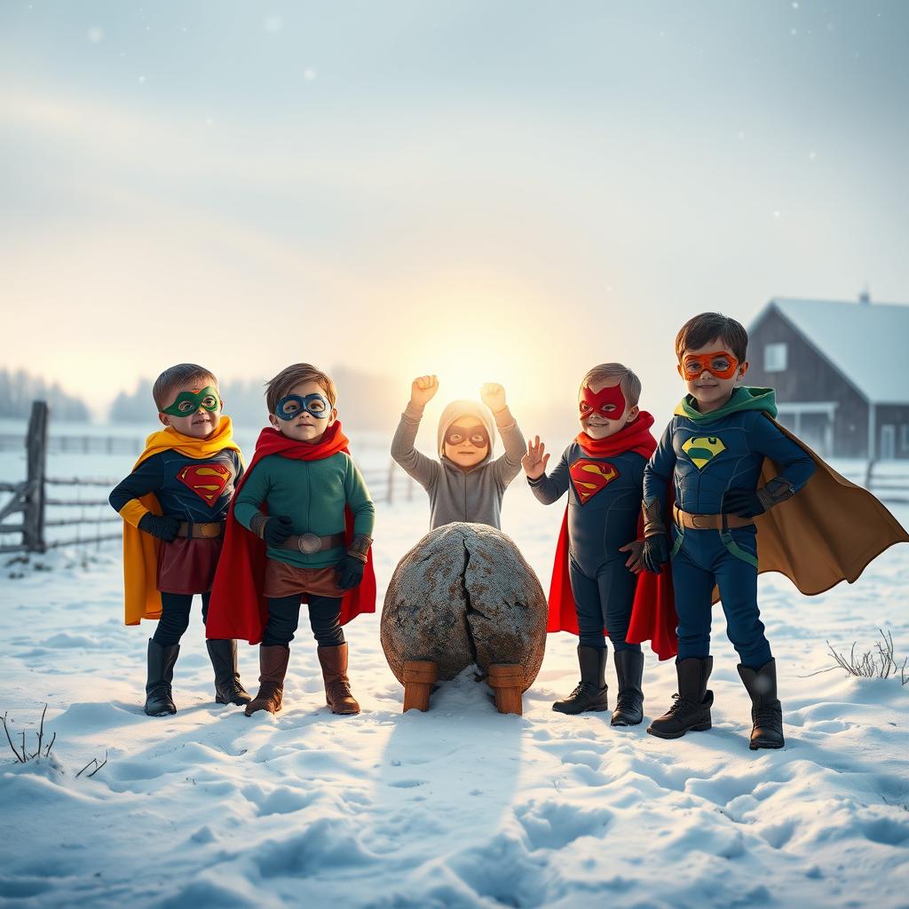 A group of brave superhero kids discovers a mystic, glowing stone on a snowy farm that points the way through the winter landscape