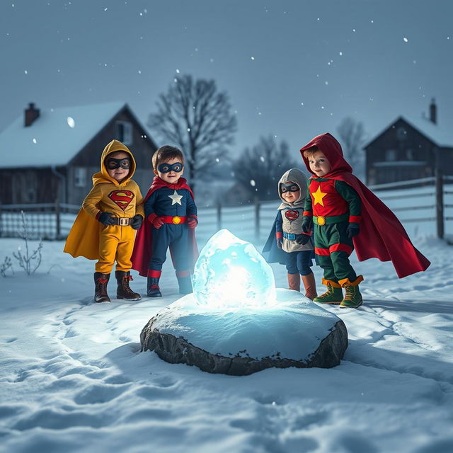 A group of brave superhero kids discovers a mystic, glowing stone on a snowy farm that points the way through the winter landscape