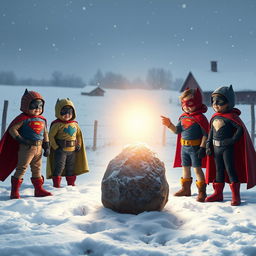 A group of brave superhero kids discovers a mystic, glowing stone on a snowy farm that points the way through the winter landscape