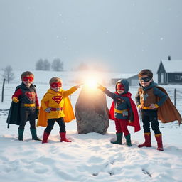 A group of brave superhero kids discovers a mystic, glowing stone on a snowy farm that points the way through the winter landscape